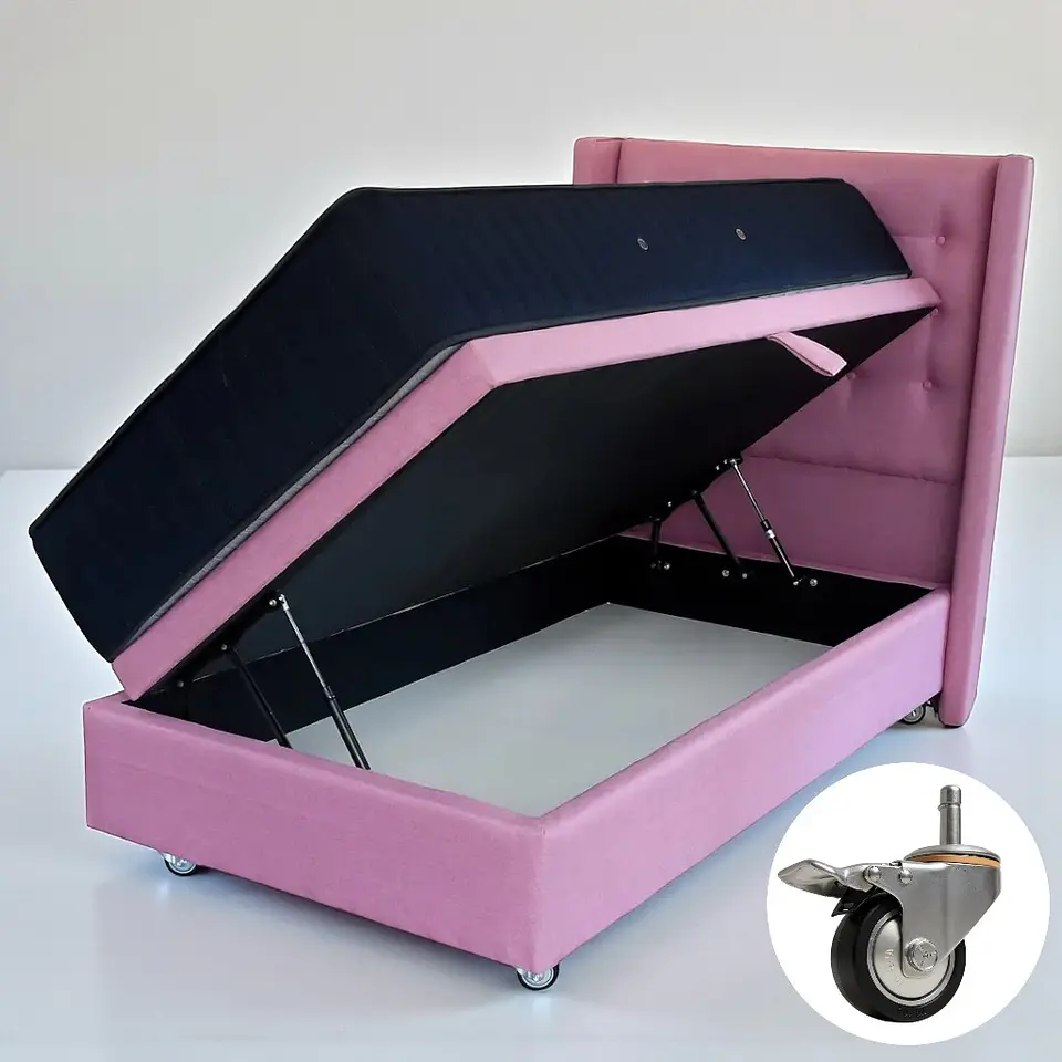 Cama Baul 1 Plaza + Colchon CIC + Respaldo / Con Ruedas (Rosa) 8