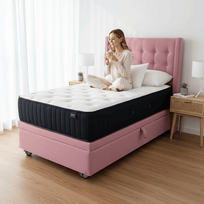 Cama Baul 1 Plaza + Colchon CIC + Respaldo / Con Ruedas (Rosa)