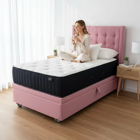 Cama Baul 1.5 Plaza + Colchon CIC + Respaldo / Con Ruedas (Rosa)