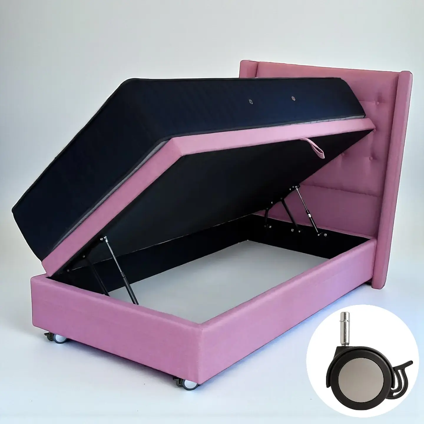 Cama Baul 1.5 Plaza + Colchon CIC + Respaldo / Con Ruedas (Rosa) 3