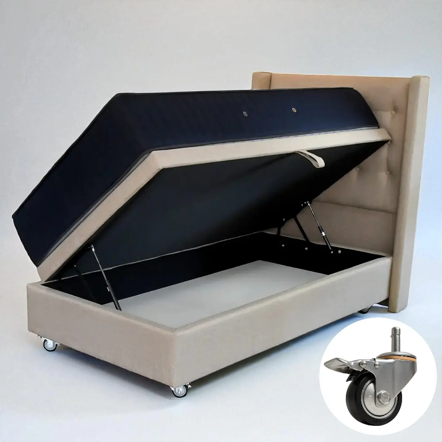 Cama Baul 1.5 Plaza + Colchon CIC + Respaldo / Con Ruedas (Beige) 9
