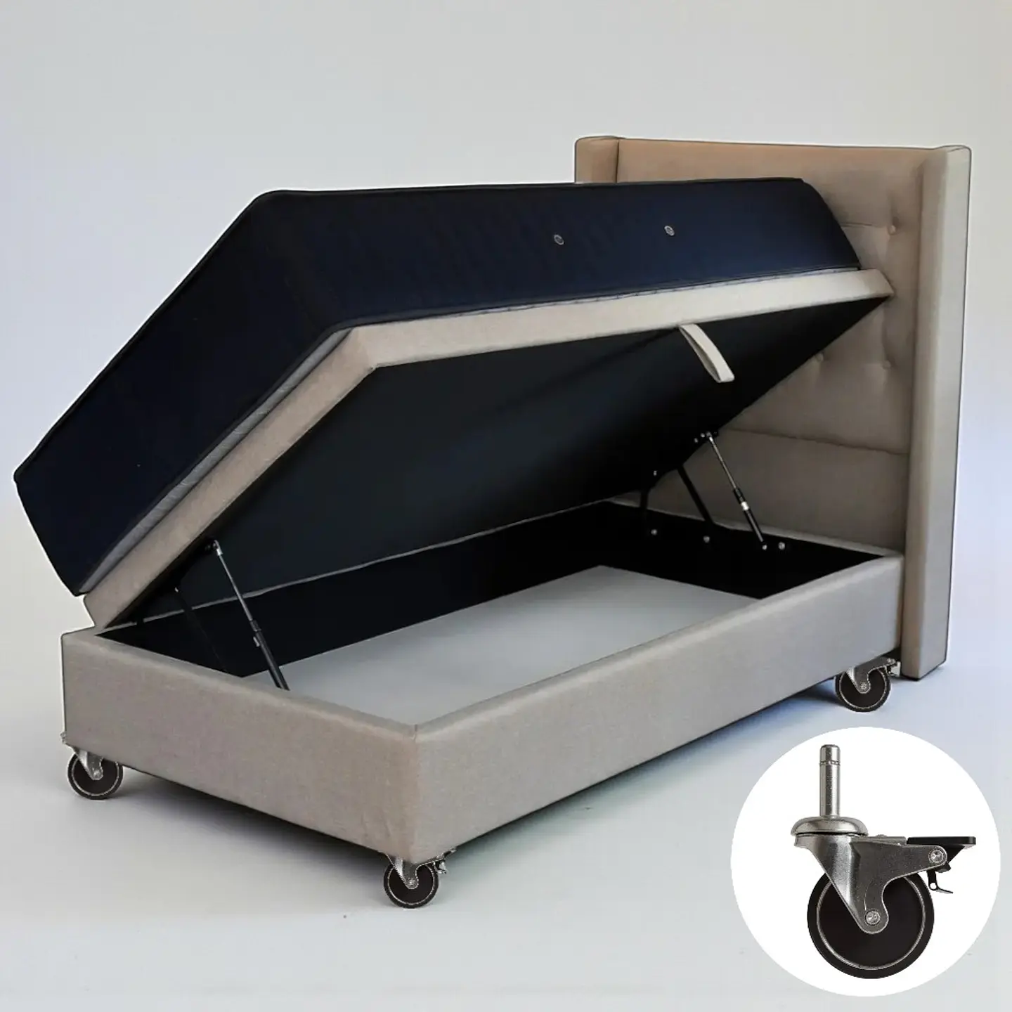 Cama Baul 1.5 Plaza + Colchon CIC + Respaldo / Con Ruedas (Beige) 6