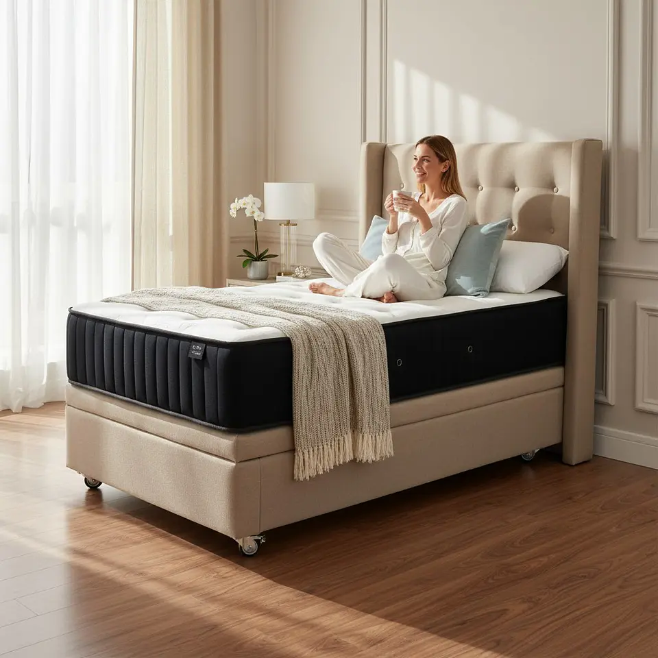 Cama Baul 1.5 Plaza + Colchon CIC + Respaldo / Con Ruedas (Beige) 1