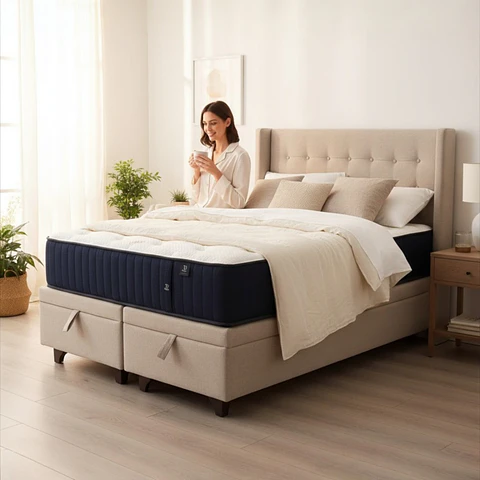 Cama Baul 2 Plazas + Colchon CIC + Respaldo / Con Patas (Beige)