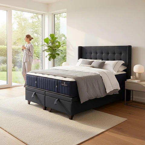 Cama Baul 2 Plazas + Colchon CIC + Respaldo / Con Patas (Negro)