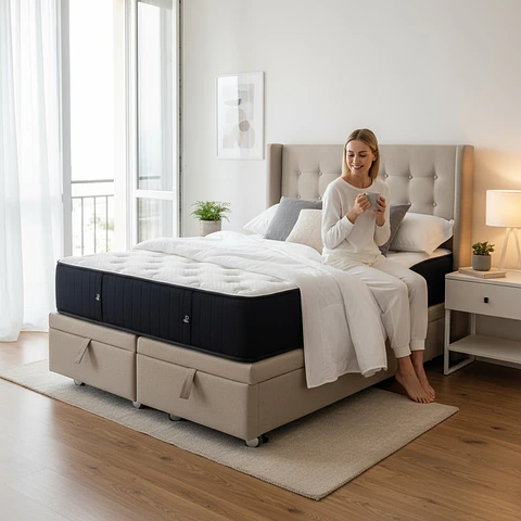 Cama Baul 2 Plazas + Colchon CIC + Respaldo / Con Ruedas (Beige)