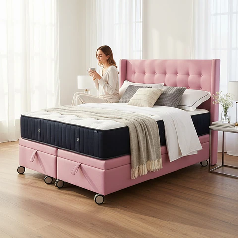 Cama Baul 2 Plazas + Colchon CIC + Respaldo / Con Ruedas (Rosa)
