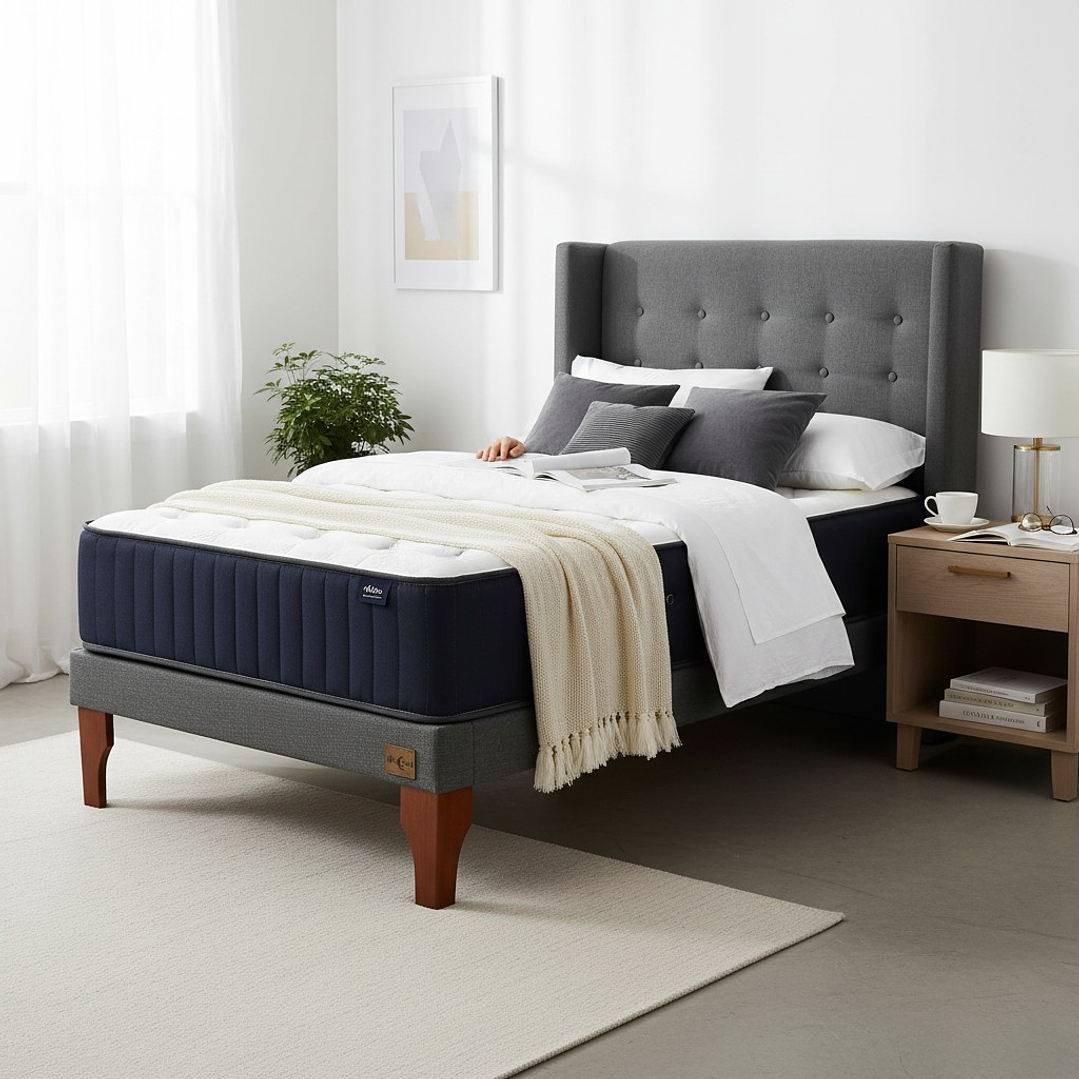 Cama 1 Plaza + Colchon CIC Con Respaldo - Patas De Madera 10