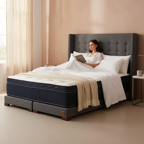 Cama 2 Plazas Box 13 cm Colchon CIC + Respaldo + Patas De Madera