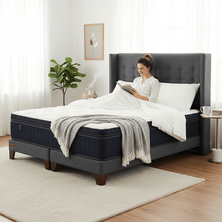 Cama 2 Plazas Box 13 cm Colchon CIC + Respaldo + Patas De Madera 4