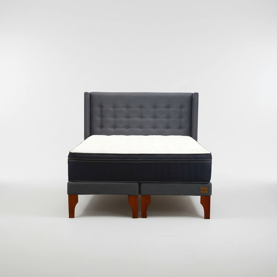 Cama 2 Plazas Box 13 cm Colchon CIC + Respaldo + Patas De Madera 11