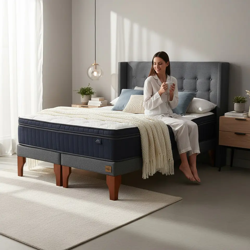 Cama Super King Box 13 cm Colchon CIC + Respaldo + Patas De Madera 10