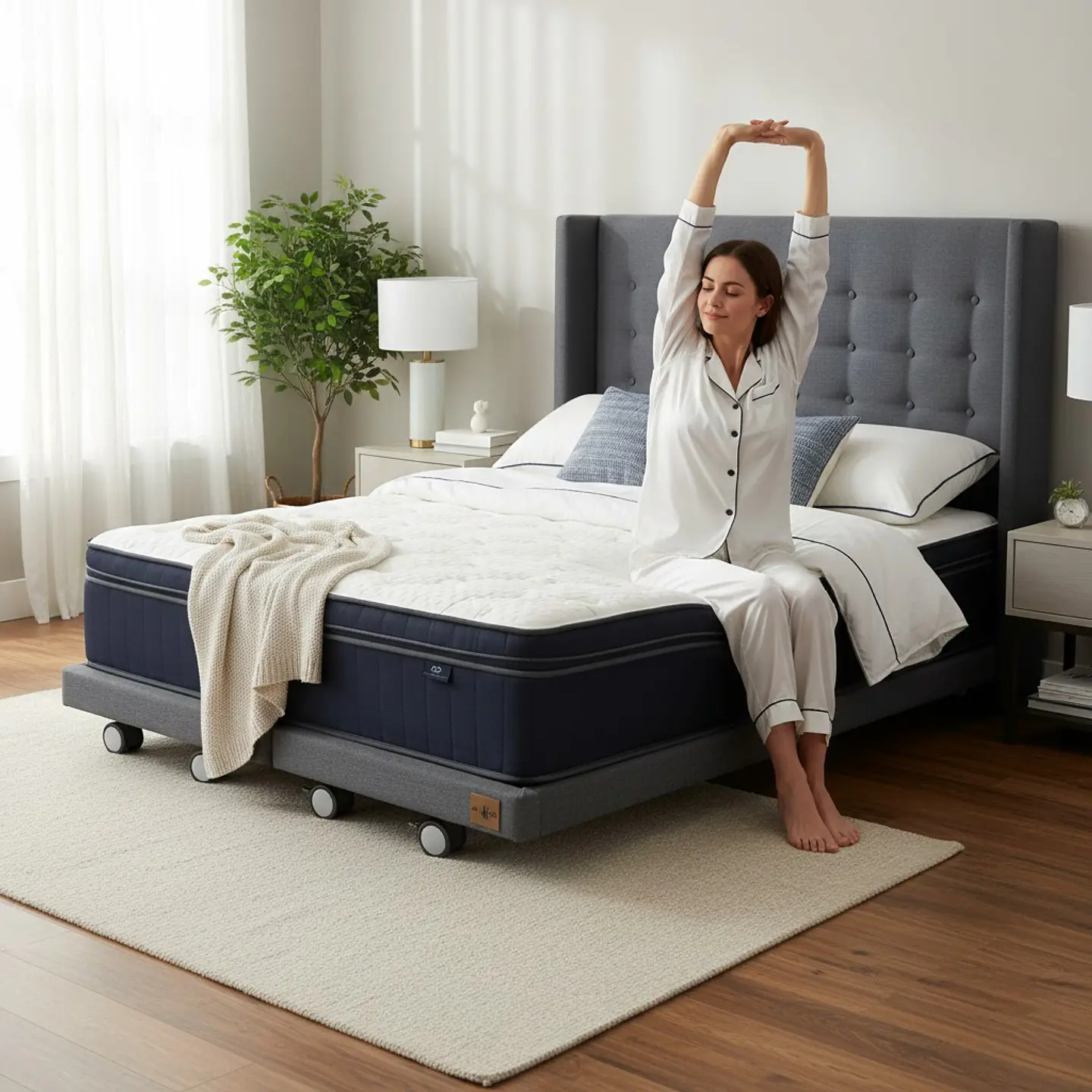 Cama Full dividida Box 8 cm + Colchon CIC Con Respaldo - Ruedas A Eleccion-  1