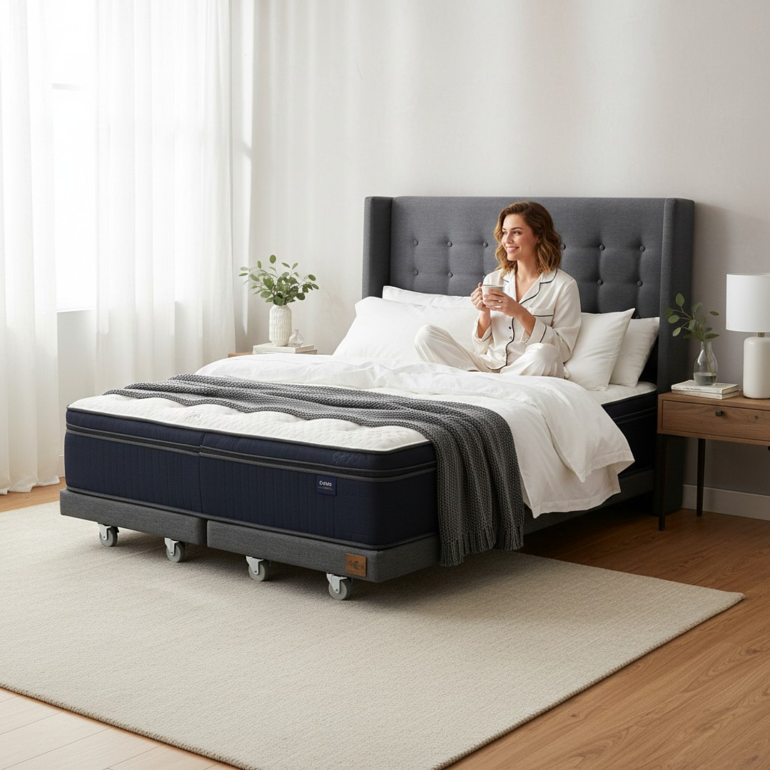 Cama Full dividida Box 8 cm + Colchon CIC Con Respaldo - Ruedas A Eleccion-  4