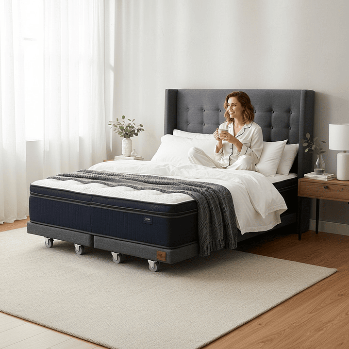 Cama Full dividida Box 8 cm + Colchon CIC Con Respaldo - Ruedas A Eleccion-  4