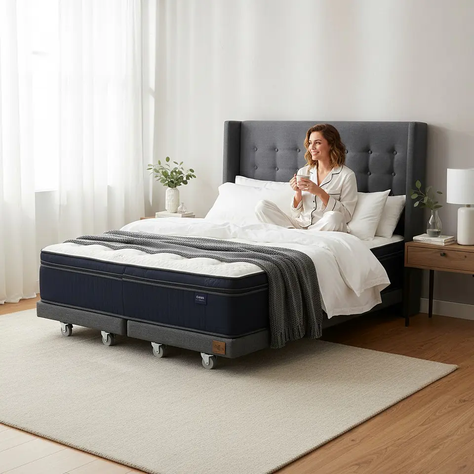 Cama Full dividida Box 8 cm + Colchon CIC Con Respaldo - Ruedas A Eleccion-  4