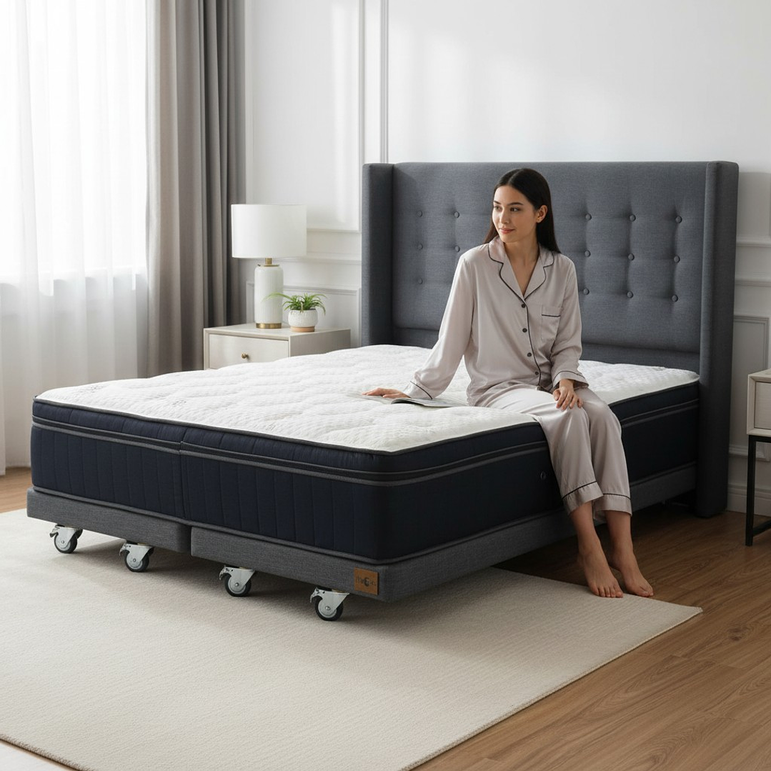 Cama Full dividida Box 8 cm + Colchon CIC Con Respaldo - Ruedas A Eleccion-  7