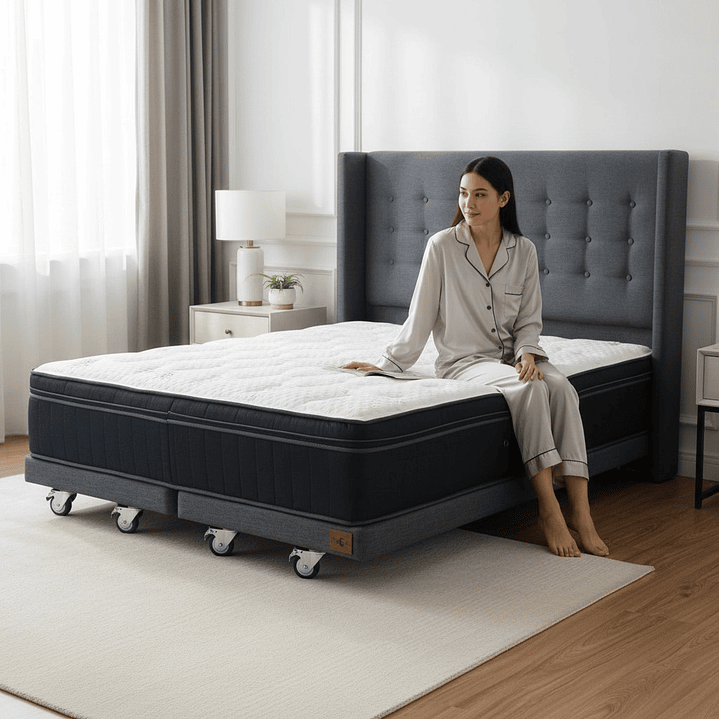 Cama Full dividida Box 8 cm + Colchon CIC Con Respaldo - Ruedas A Eleccion-  7