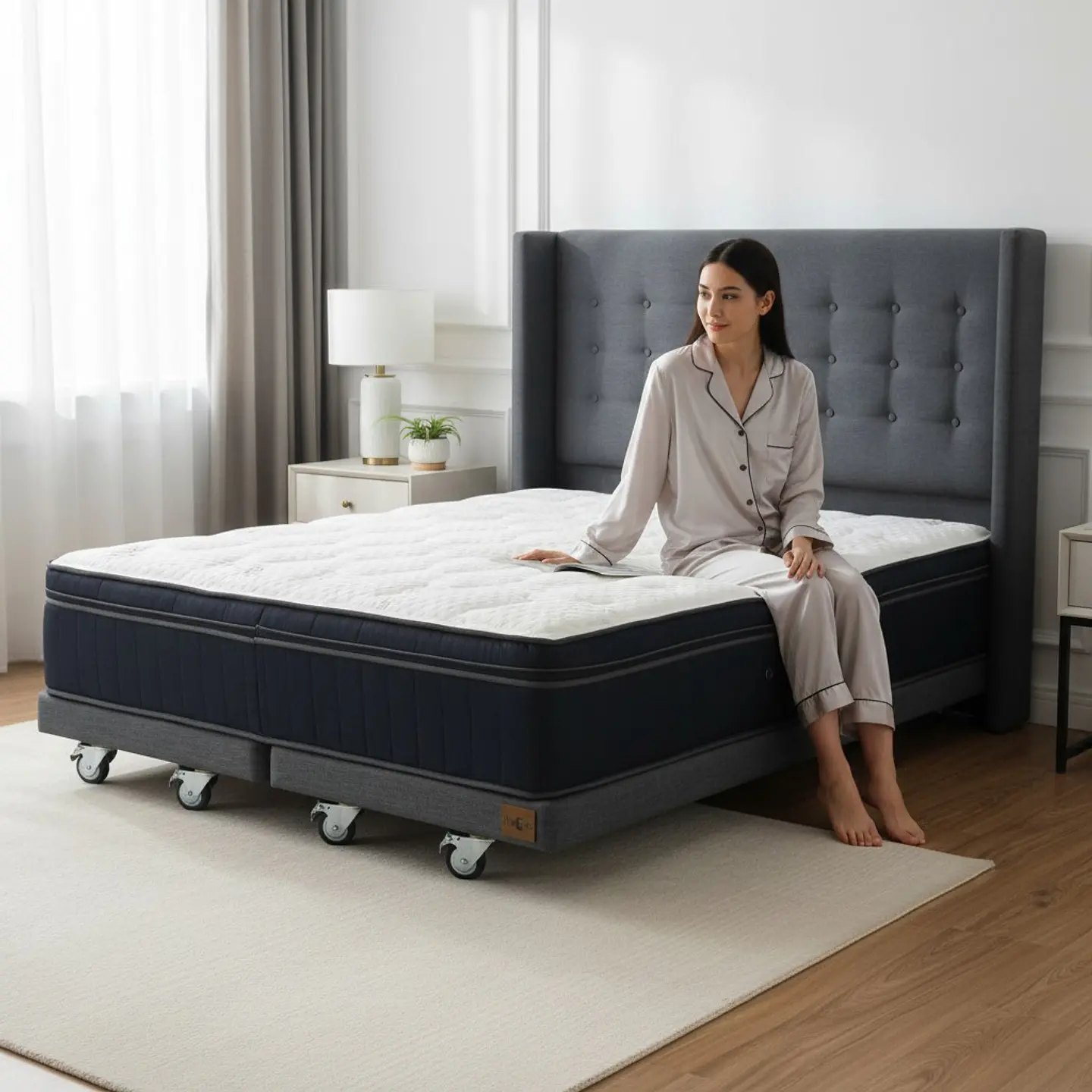 Cama Full dividida Box 8 cm + Colchon CIC Con Respaldo - Ruedas A Eleccion-  7