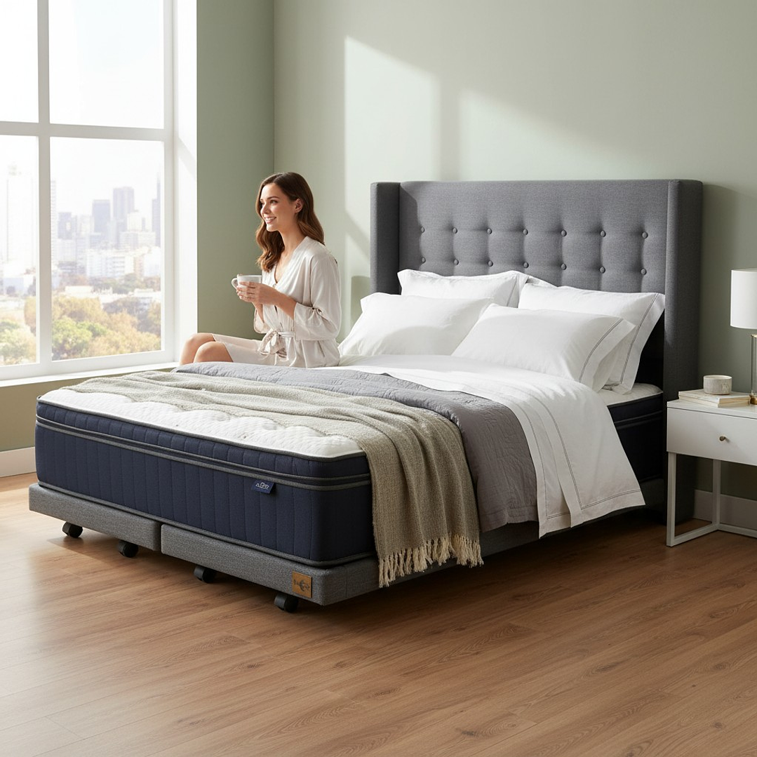 Cama Full dividida Box 8 cm + Colchon CIC Con Respaldo - Ruedas A Eleccion-  10