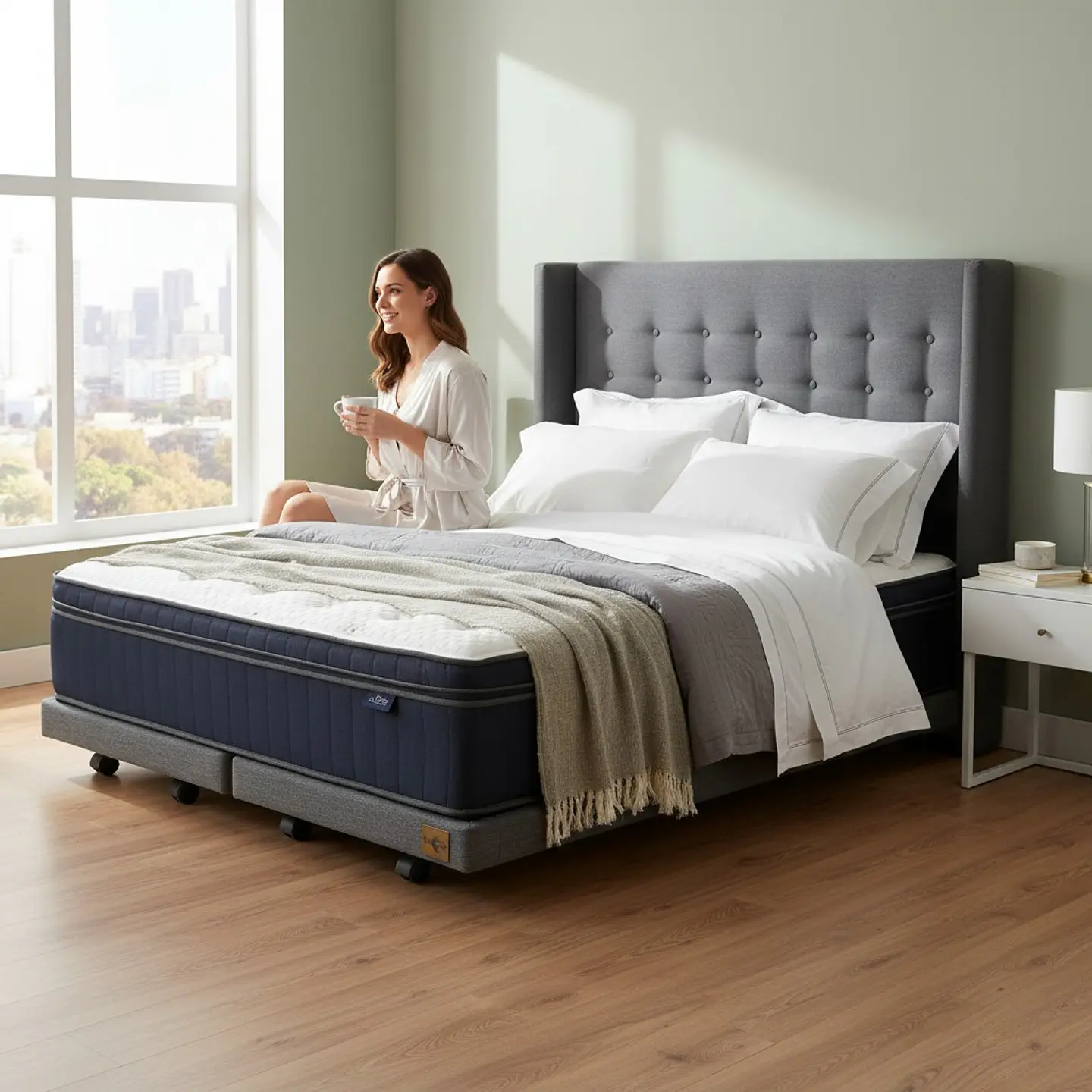Cama Full dividida Box 8 cm + Colchon CIC Con Respaldo - Ruedas A Eleccion-  10