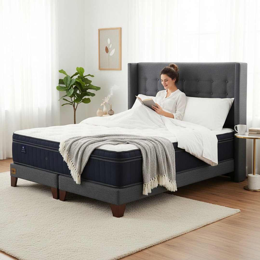 Cama Full Dividida Box 13 cm Colchon CIC + Respaldo + Patas De Madera 4