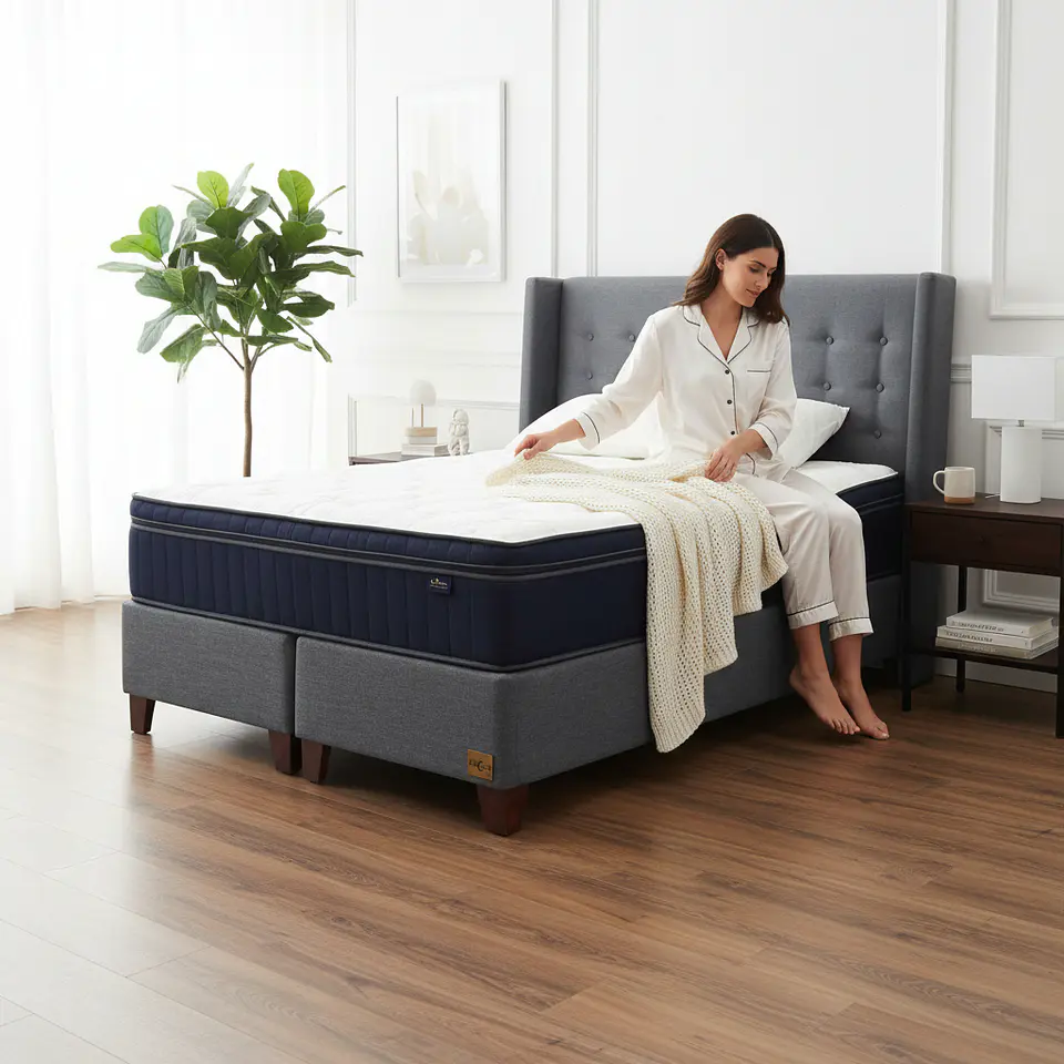 Cama King Box 30 cm Colchon CIC + Respaldo + Patas De Madera 4