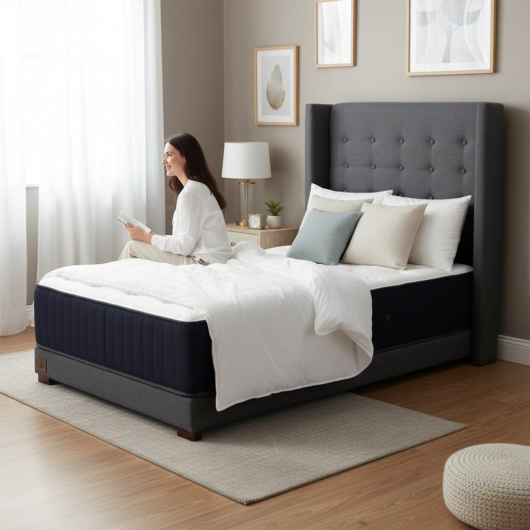 Cama 1 Plaza Box 13 cm Colchon CIC + Respaldo + Patas De Madera 1