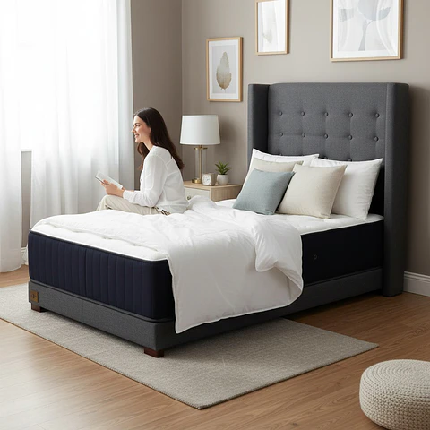 Cama 1 Plaza Box 13 cm Colchon CIC + Respaldo + Patas De Madera
