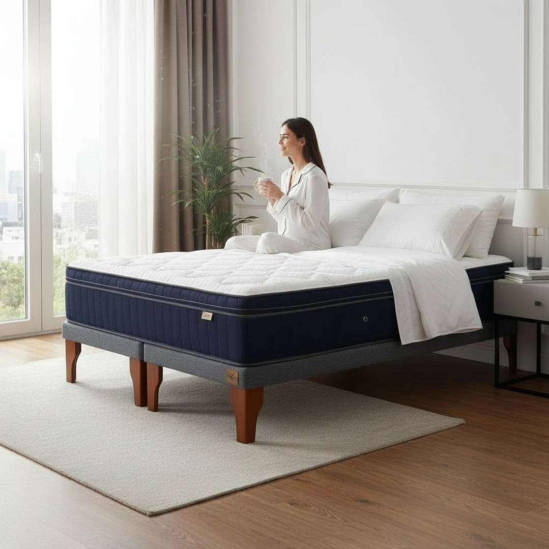 Cama King Box 8 cm + Colchon CIC - Patas De Madera 9