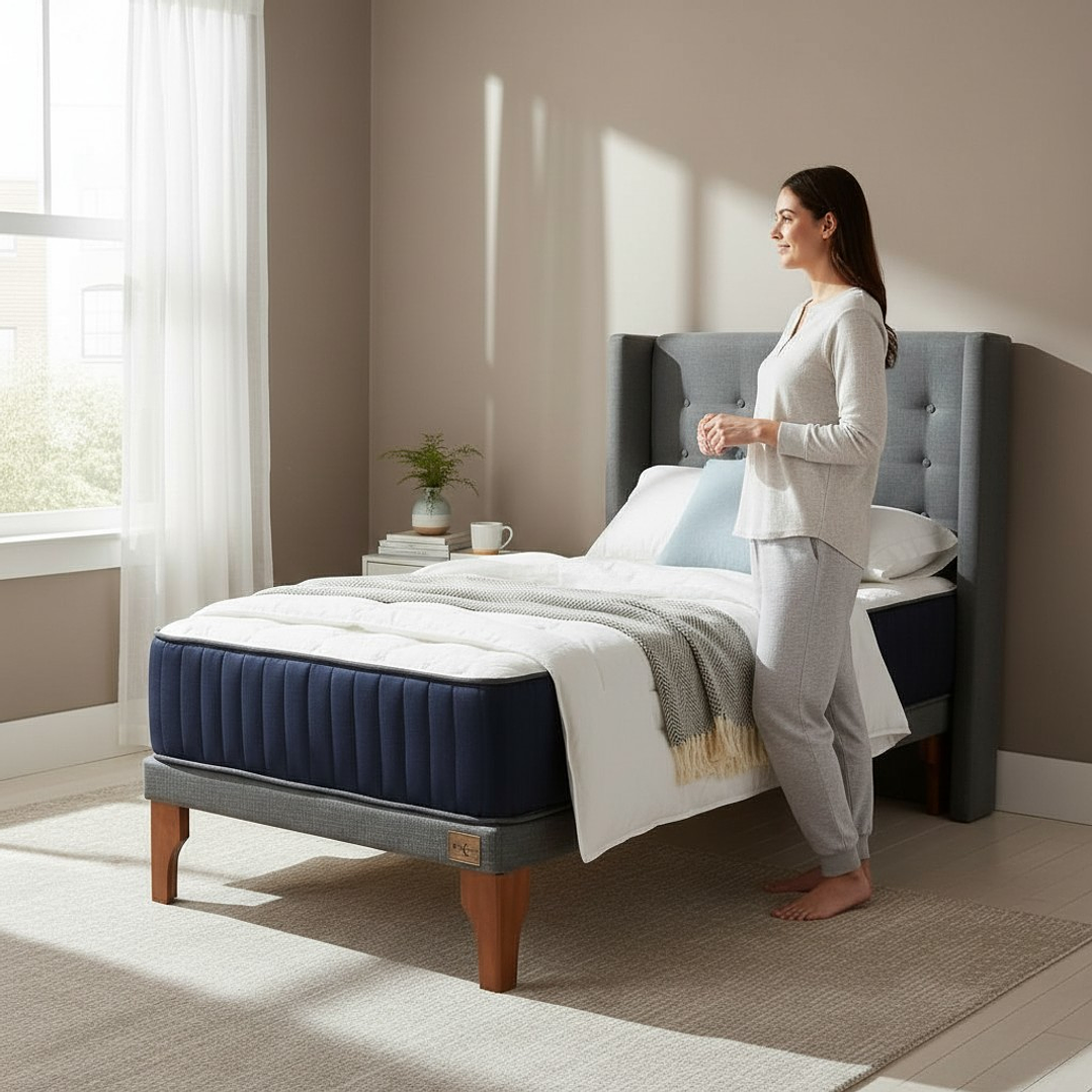 Cama 1 Plaza Box 8 cm Colchon CIC + Respaldo + Patas De Madera 10