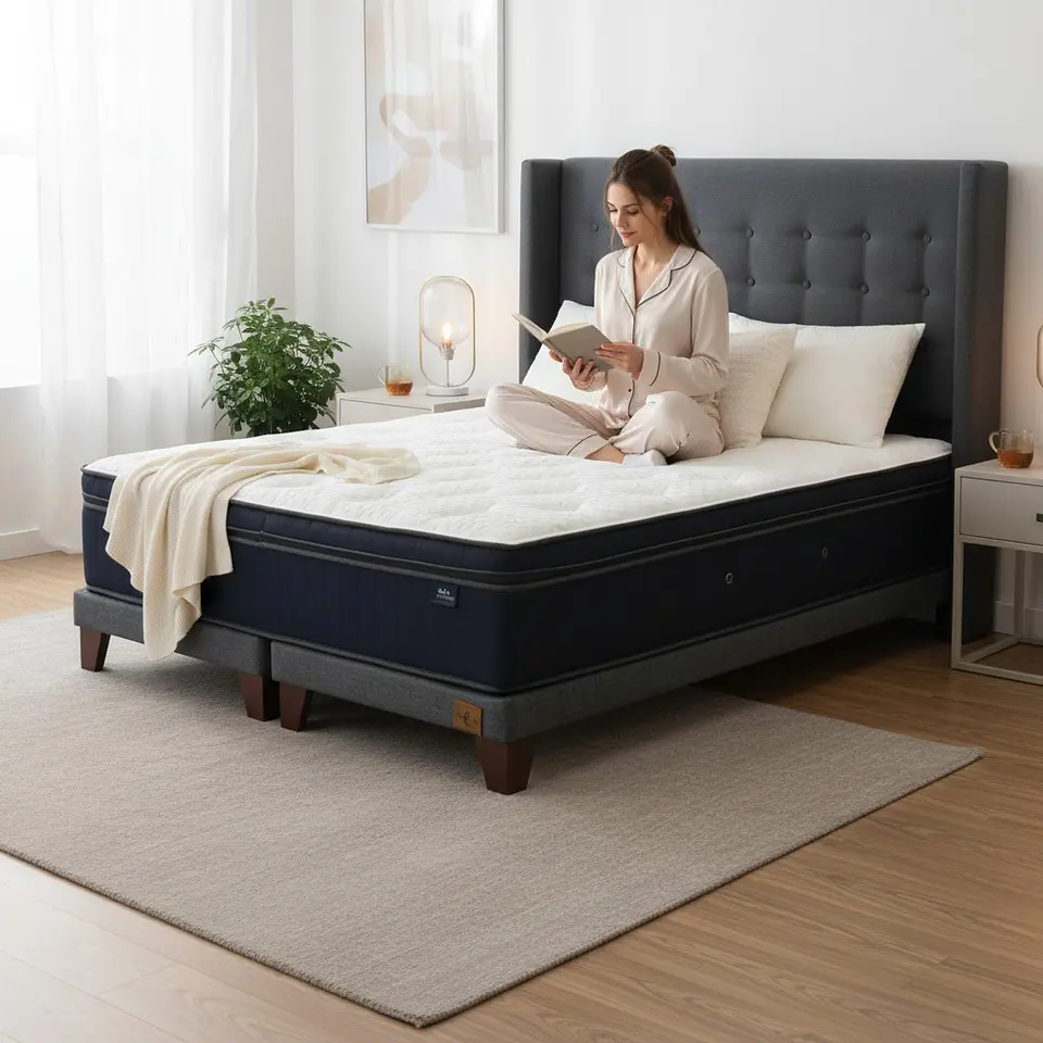 Cama 2 Plazas Box 8 cm Colchon CIC + Respaldo + Patas De Madera 4