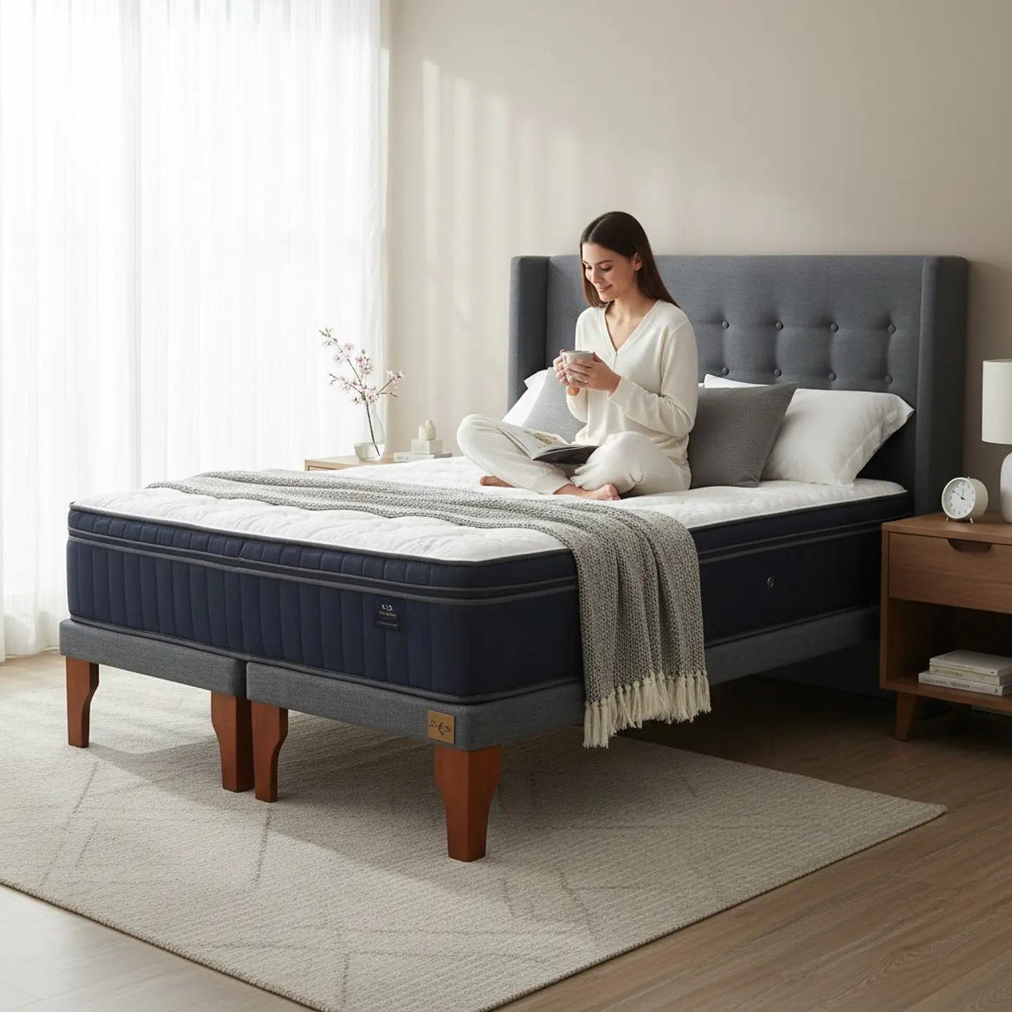 Cama 2 Plazas Box 8 cm Colchon CIC + Respaldo + Patas De Madera 10