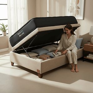 Cama Baul 1.5 Plaza + Colchon Black Prime - Modelo Uno / Con Patas De Madera (Beige)