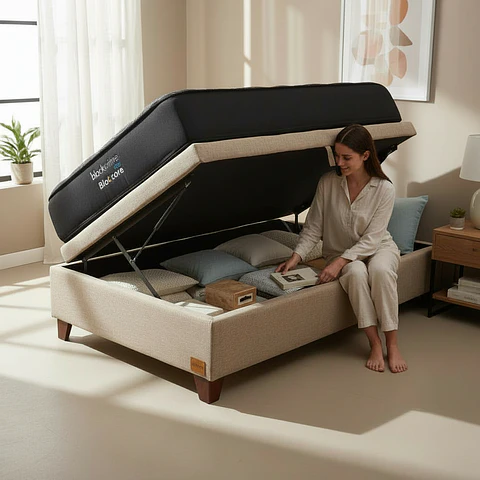 Cama Baul 1.5 Plaza + Colchon Black Prime - Modelo Uno / Con Patas De Madera (Beige)