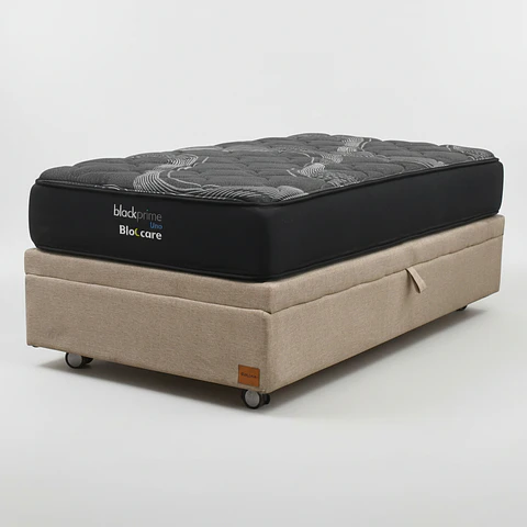 Cama Baul 1 Plaza + Colchon Black Prime - Modelo Uno / Ruedas A Eleccion (Beige)