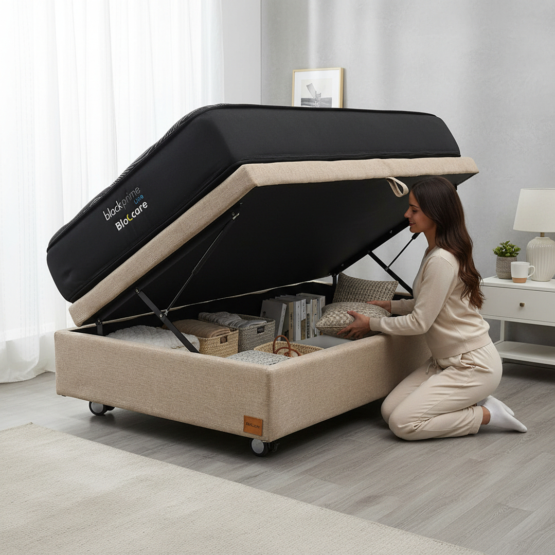 Cama Baul 1 Plaza + Colchon Black Prime - Modelo Uno / Ruedas A Eleccion (Beige) 1