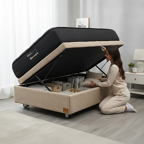 Cama Baul 1.5 Plaza + Colchon Black Prime - Modelo Uno / Ruedas A Eleccion (Beige)