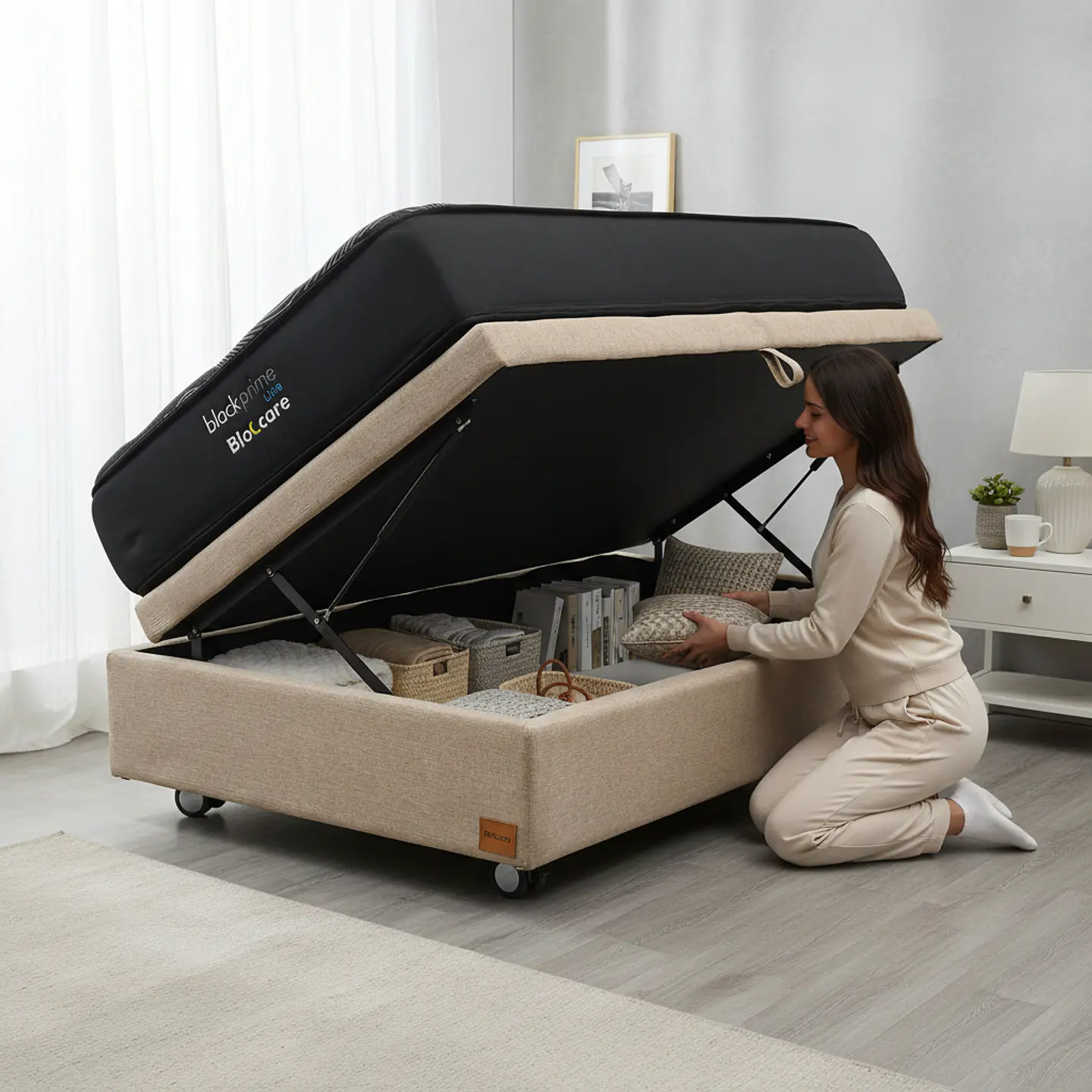 Cama Baul 1.5 Plaza + Colchon Black Prime - Modelo Uno / Ruedas A Eleccion (Beige) 1