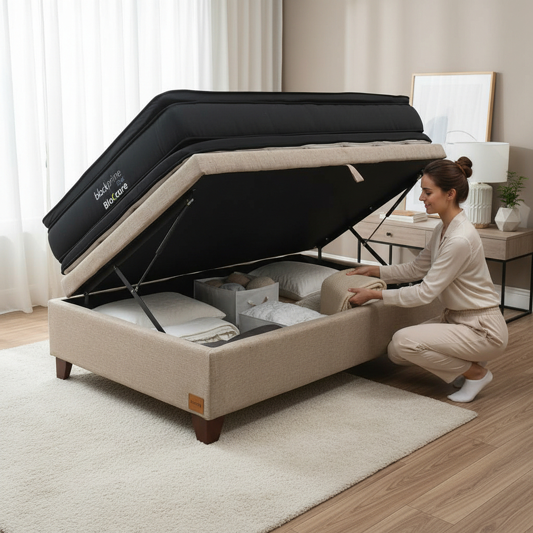 Cama Baul 1.5 Plaza + Colchon Black Prime - Modelo Dos / Con Patas De Madera (Beige) 1