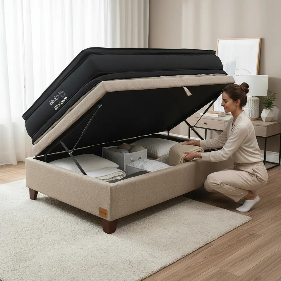 Cama Baul 1.5 Plaza + Colchon Black Prime - Modelo Dos / Con Patas De Madera (Beige) 1