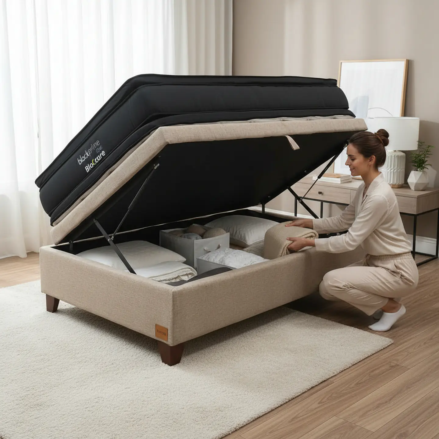 Cama Baul 1.5 Plaza + Colchon Black Prime - Modelo Dos / Con Patas De Madera (Beige) 4