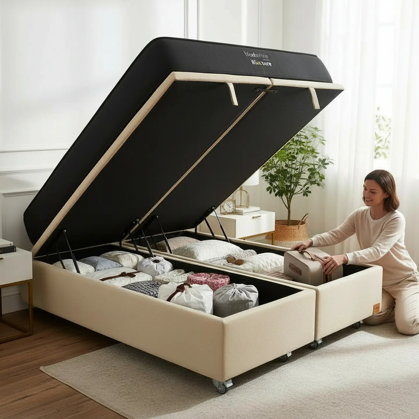 Cama Baul 2 Plaza + Colchon Black Prime - Modelo Uno / Ruedas A Eleccion (Beige) 1