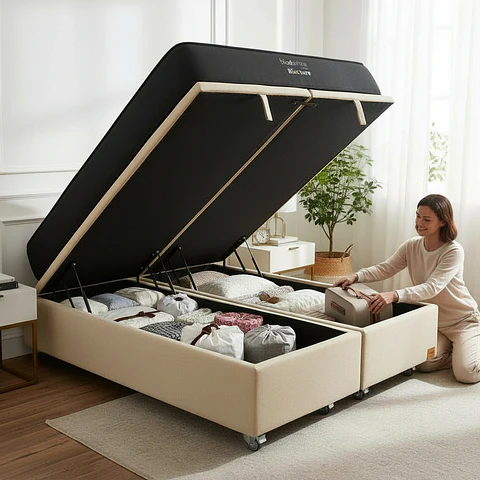Cama Baul King + Colchon Black Prime - Modelo Uno / Ruedas A Eleccion (Beige)