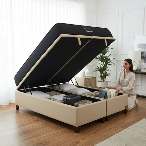 Cama Baul Super King + Colchon Black Prime - Modelo Uno / Con Patas De Madera (Beige)