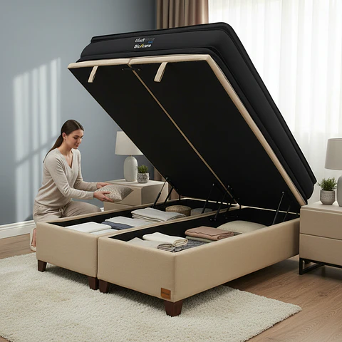 Cama Baul 2 Plazas + Colchon Black Prime - Modelo Dos / Con Patas De Madera (Beige)
