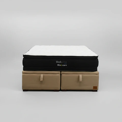 Cama Baul 2 Plazas + Colchon Black Prime - Modelo Dos / Con Patas De Madera (Beige)