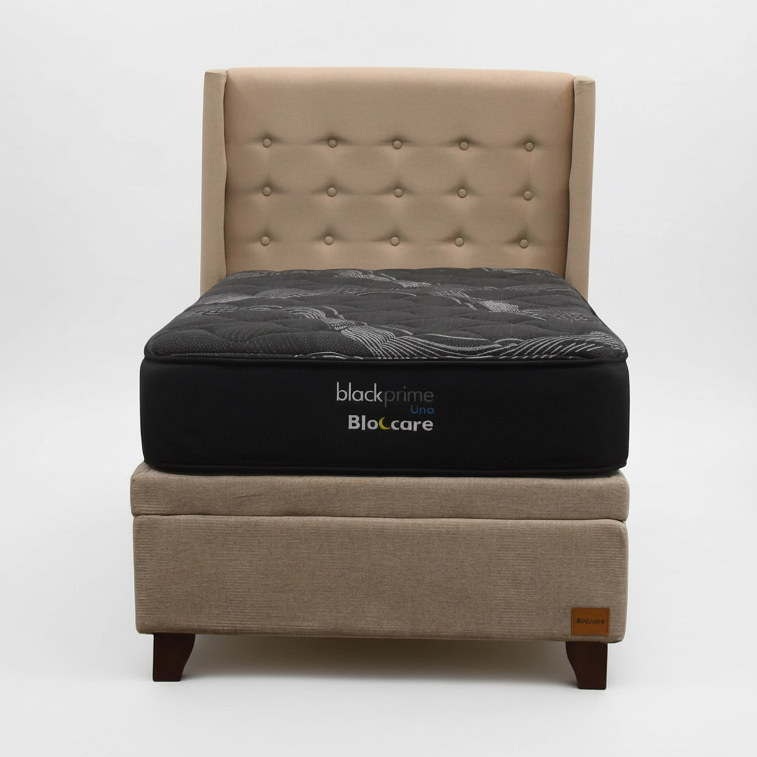 Cama Baul 1.5 Plaza + Colchon Black Prime - Modelo Uno + Respaldo / Con Patas (Beige) 5