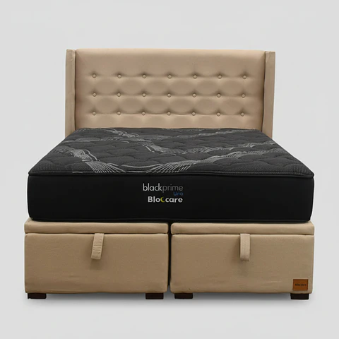 Cama Baul 2 Plaza + Colchon Black Prime - Modelo Uno + Respaldo / Con Patas (Beige)