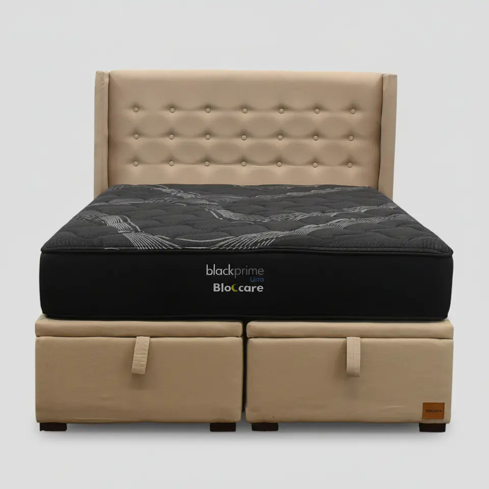 Cama Baul 2 Plaza + Colchon Black Prime - Modelo Uno + Respaldo / Con Patas (Beige) 2